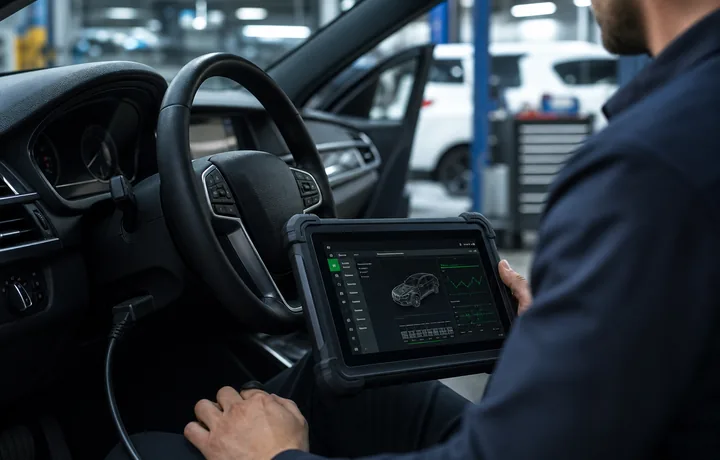 Diagnostic scanner connected to vehicle for electronic system verification