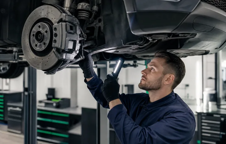 Mechanic checking brakes suspension and safety components during vehicle inspection