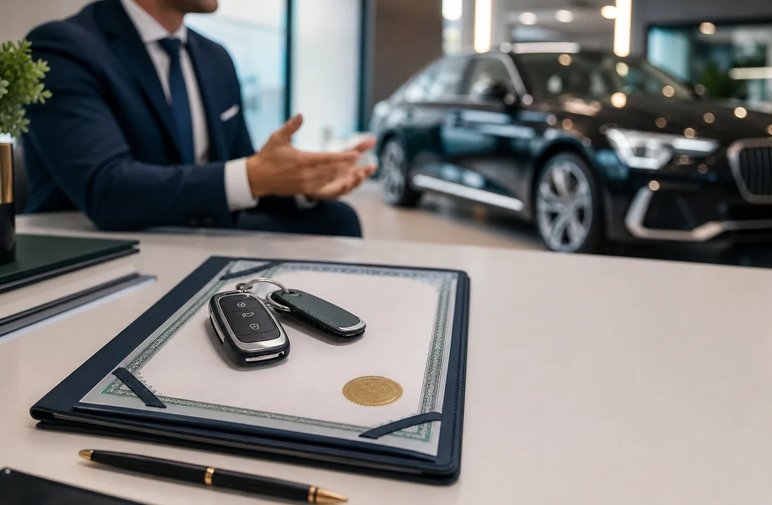 Premium dealership warranty documents and vehicle key prepared for customer handover